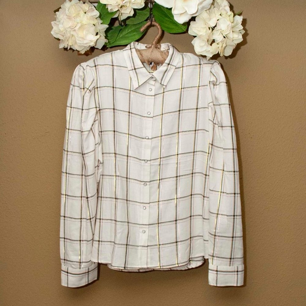 NWT Express Plaid Puff Sleeve Flannel Top with Metallic Threads size M